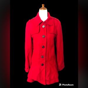 🎉HP🎉 Academia Red Wool Blend Pea Coat Ruffle Black Buttons Sz M‎